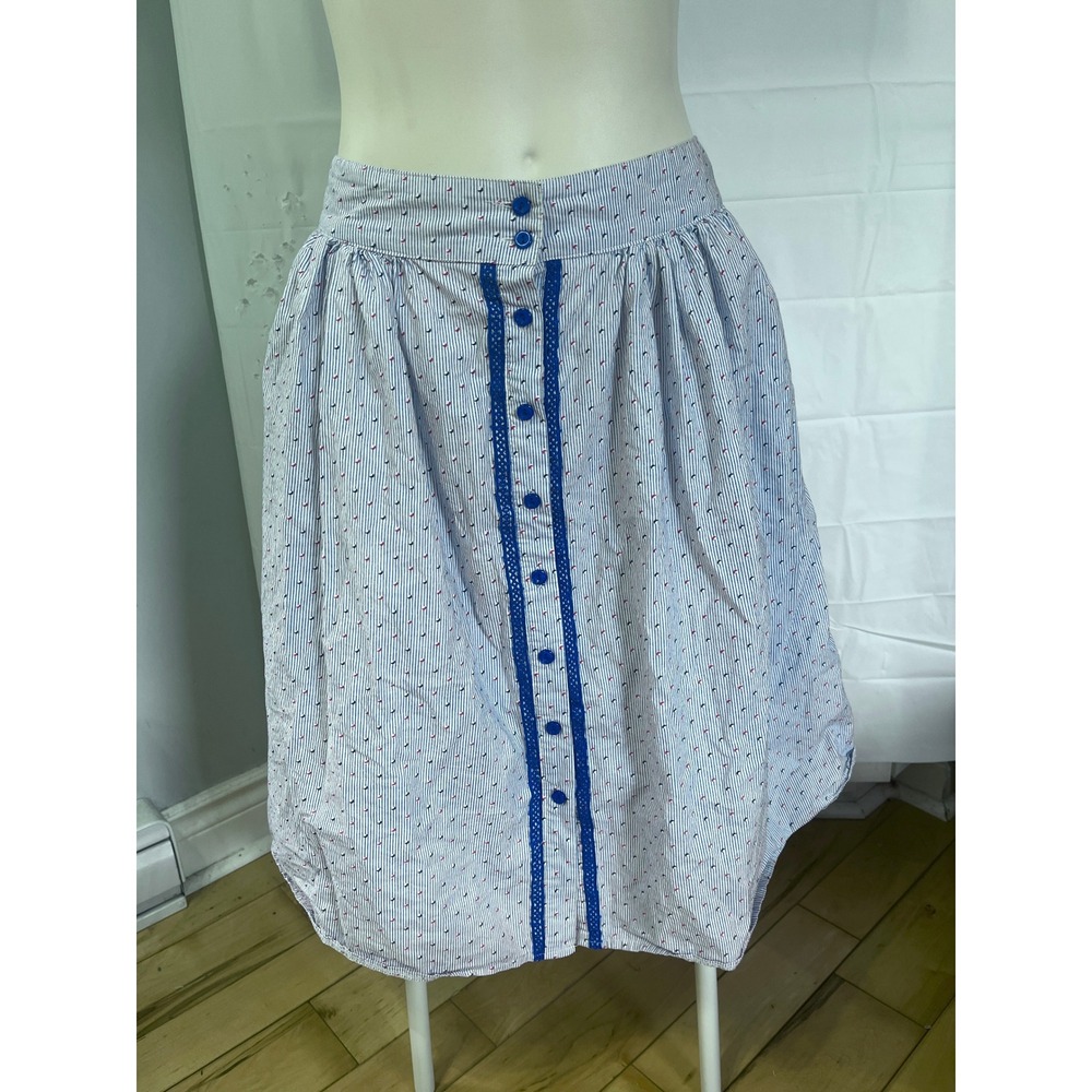 Luna Moon Blue White Striped Moon Print Button Front Cotton Skirt